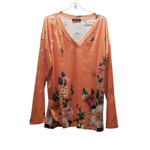 Coeur De Vague XL Womens Orange Floral Tunic Top Stretch V-Neck Long Sleeve NWT